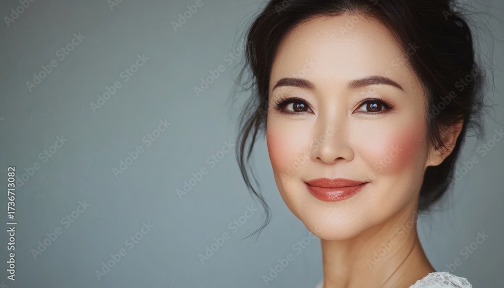 Fototapeta premium The image shows a close-up of a smiling Asian woman with her hair pulled back, wearing light makeup, against a gray background.