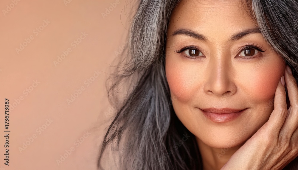 Obraz premium The image shows a middle-aged woman with graying dark hair, fair skin, and minimal makeup; she is touching her face gently, and the background is peach-colored.