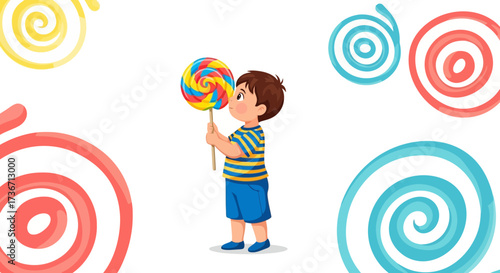Joyful Young Boy Enjoying A Giant Sweet Lollipop Against Colorful Spiral Background