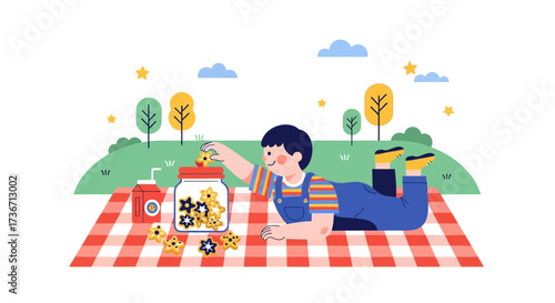 Joyful Young Boy Enjoying Delicious Cookies On A Cheerful Picnic Day In The Park