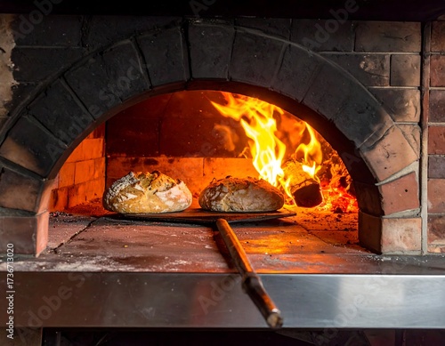 Bread baking in a brick oven