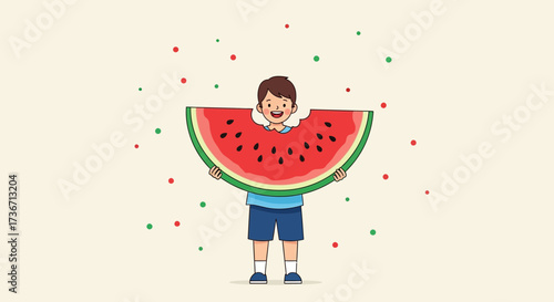 Joyful Youngster Embracing Large Watermelon Slice, Wholesome Fun Depicted in a Vibrant Scene