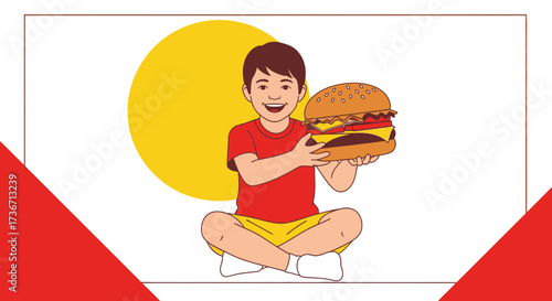 Joyful Youngster Holding Gigantic Burger Sitting With Happiness And Delight