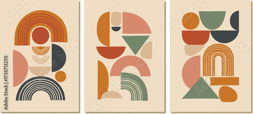 Three abstract art prints featuring geometric shapes and a muted color palette against a beige background