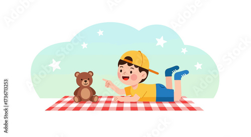Joyful Youngster Lounging Beside a Teddy Bear on a Checkered Picnic Blanket