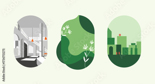 Illustrations depicting sustainable urban development and green spaces in modern architecture