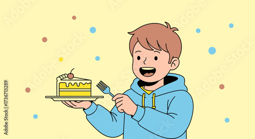 Joyful Youngster Presenting a Slice of Delicious Cake With Fork and Smile