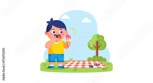 Joyful Youngster Relishes Summer Treat on a Checkered Picnic Blanket Outdoors