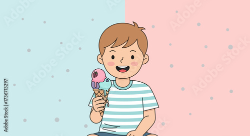 Joyful Youngster with Ice Cream in Hand on a Colorful Background, Perfect Summer Cartoon
