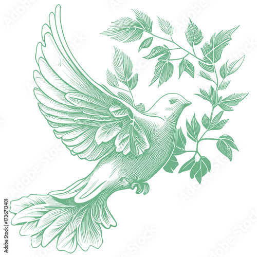 Mint Green Hand Drawn Pigeon and Leaves