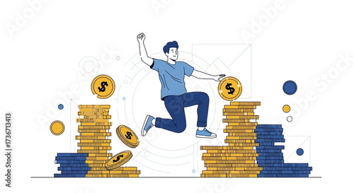 Jumping High Above Piles Of Coins Depicting Financial Success And Achievement