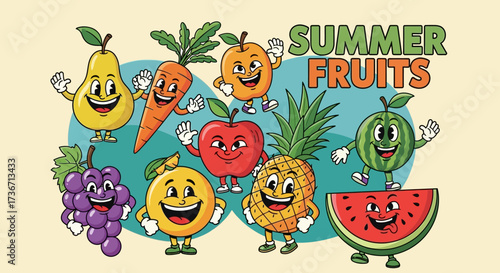 A Whimsical Collection of Happy Summer Fruits Enjoying the Sunshine Season Together
