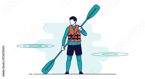 Kayaking illustration of a man with a paddle and life jacket in a minimalistic design