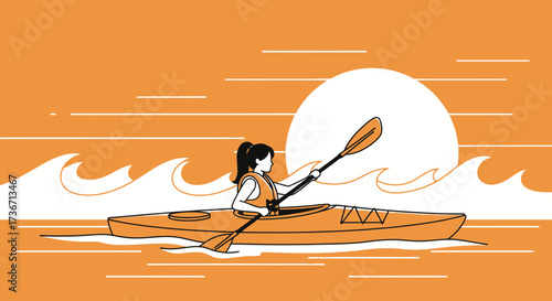 Kayaking Illustration Beautiful Sunset Scene with a Person Paddling on Water