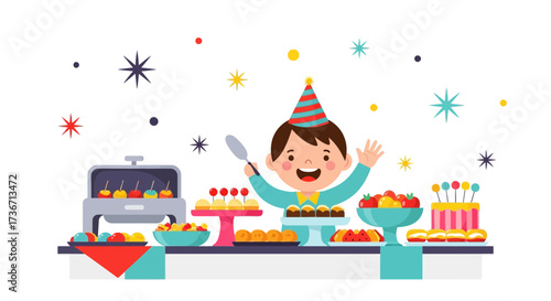 Kid Celebrates Party, Offers Treats Array For The Festivities, Having Fun And Showing Happiness