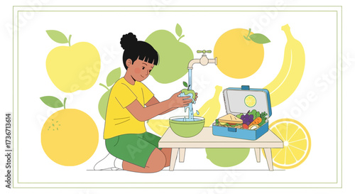 Kid Preparing Healthy Lunch Featuring Fresh Fruit And Vegetables In A Beautiful Illustration
