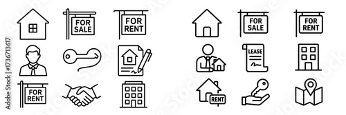 Various symbols of residential real estate including sale and rental signs in a simple graphic design