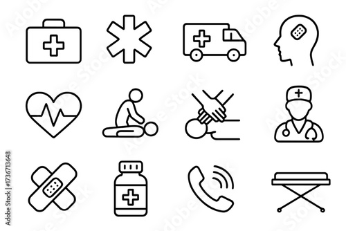 Health and emergency icons representing medical services, procedures, and first aid concepts for quick reference