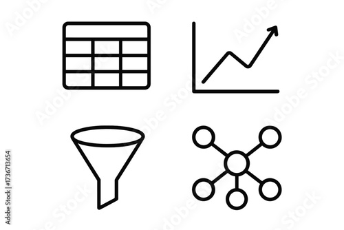 Visual representation of data analysis tools including tables, charts, funnels, and network graphs