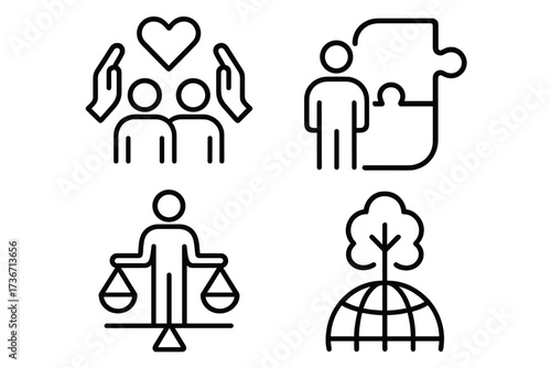 Creative icons representing community, support, balance, and environmental awareness for social initiatives and teamwork