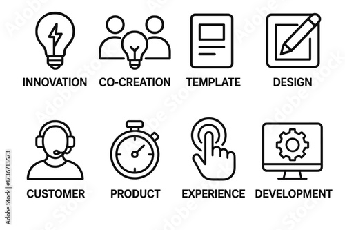 Visual representation of concepts such as innovation, design, and customer experience with various icons and symbols
