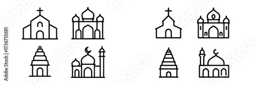 Diverse architectural symbols representing various religious structures around the world