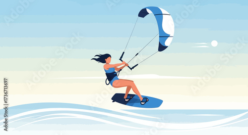 Kitesurfing illustration depicting a woman enjoying water and the wind with kite surfing