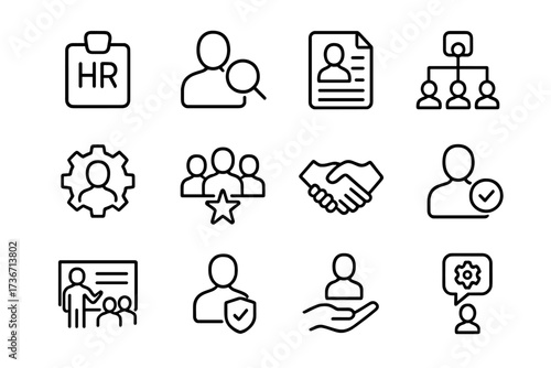 Various human resources icons depicting recruitment, teamwork, and employee management tasks for a business setting