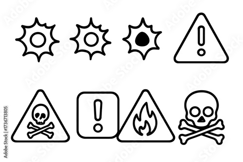 Warning symbols representing various hazards and dangers in a clear and simple design