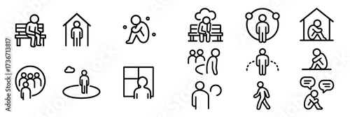 Unique symbols representing various human activities and interactions in a minimalist style