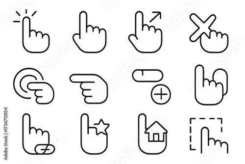 Various hand gestures illustrating touch and interaction symbols commonly used in digital interfaces