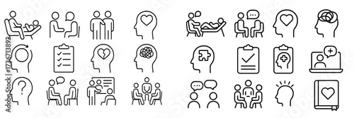 Therapy and counseling icons representing mental health support and interpersonal communication activities