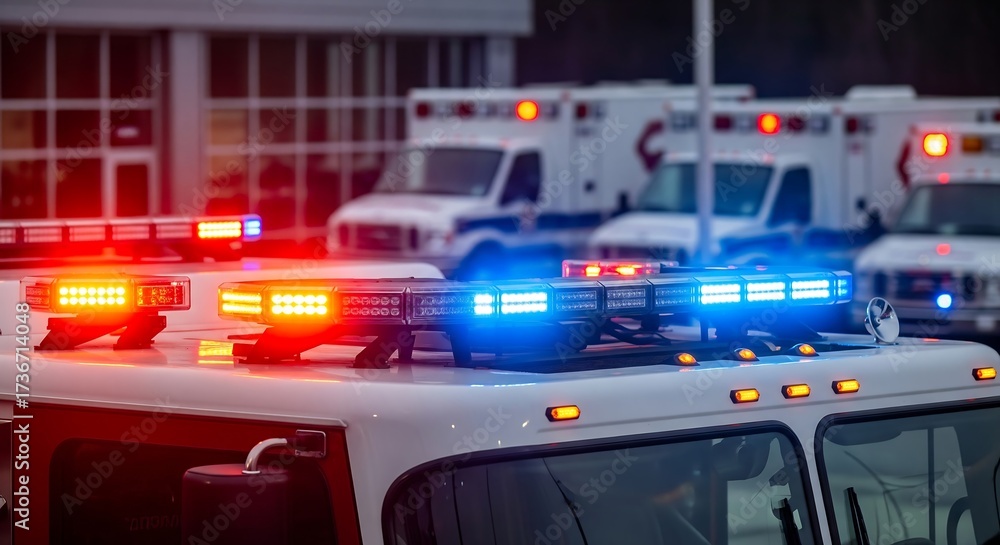Fototapeta premium Close-up of an emergency vehicle with vibrant flashing lights, surrounded by ambulances in a parking lot, ready for action.