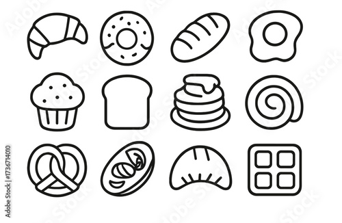 Variety of baked goods and pastries displayed on a simple grid design showcasing different shapes and styles