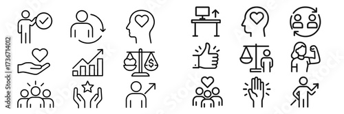 Icons representing human connection, communication, and personal growth in various activities and topics