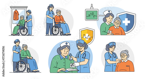 Medical professionals assisting elderly patients with healthcare needs and providing support in various settings throughout their daily lives