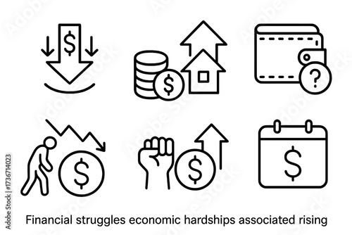 Financial struggles and economic hardships illustrated through various icons depicting current issues in budgeting and expenses