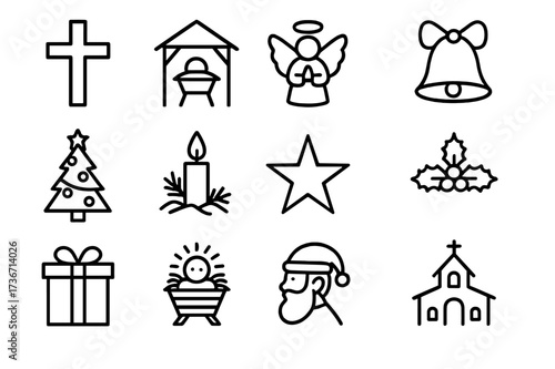 Holiday symbols include nativity scene, Christmas tree, presents, and decorations in simple line art style