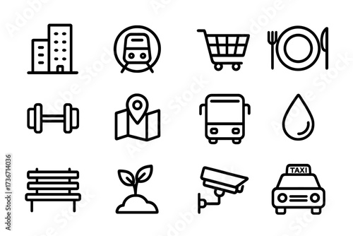 Icons representing urban life, public transport, fitness, and shopping activities in a city environment