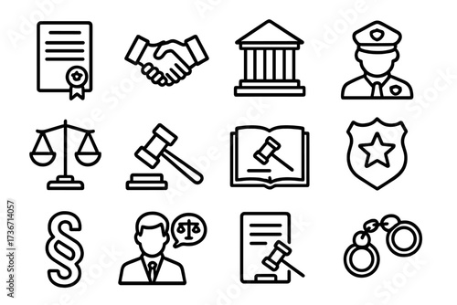 Legal symbols and icons representing justice, law enforcement, and court procedures in a simple, modern design