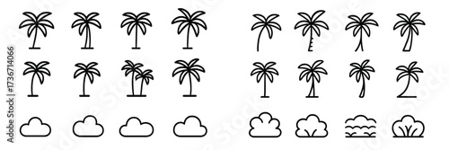 Collection of simple palm tree and cloud line icons for design projects and digital artwork