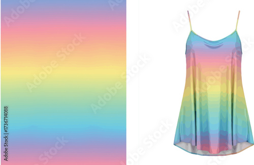 A pastel gradient background and a dress with spaghetti straps on a white background is displayed