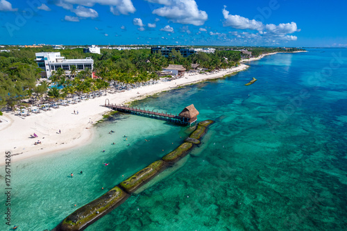 Aerial Drone View of Xcalacoco Beach in Playa del Carmen, Quintana Roo