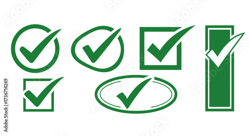 Collection of Green Check Mark Symbols in Various Geometric Shapes Indicating Approval and Success