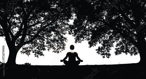 Meditation Under Trees Silhouette – Peaceful Yoga Pose in Nature for Mindfulness, Wellness, Spiritual Calm, and Eco Design Themes