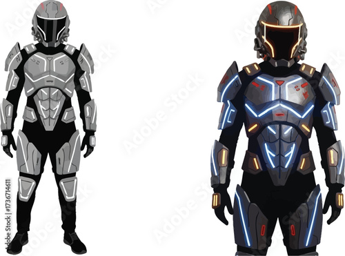 Two figures in futuristic armor standing side by side on a white background with helmet and glowing lights