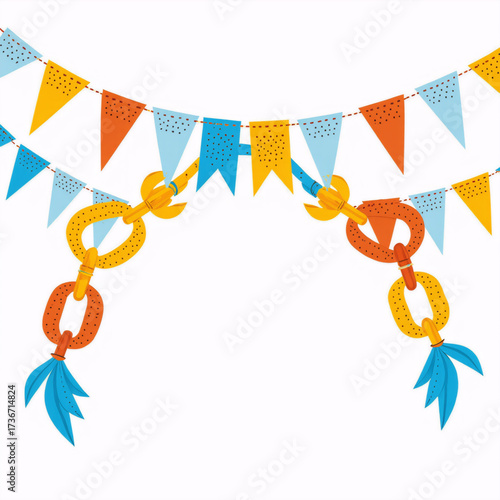 Colorful festive garland featuring vibrant triangular flags and playful chain links with decorative feathers, creating a cheerful atmosphere for celebrations and events	