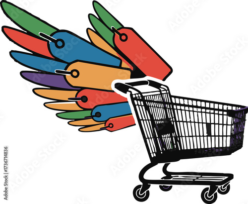 Shopping Cart with Colorful Price Tag Wings, Symbolizing Sales and Deals