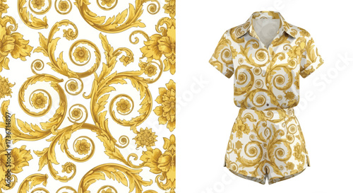 Patterned shirt and shorts set with gold floral and scroll design on a white background display