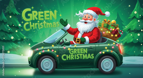 A festive image showcasing Santa Claus in a green car, wishing a Green Christmas. Decorated trees and gifts add to the holiday spirit and celebration. Vector illustration.